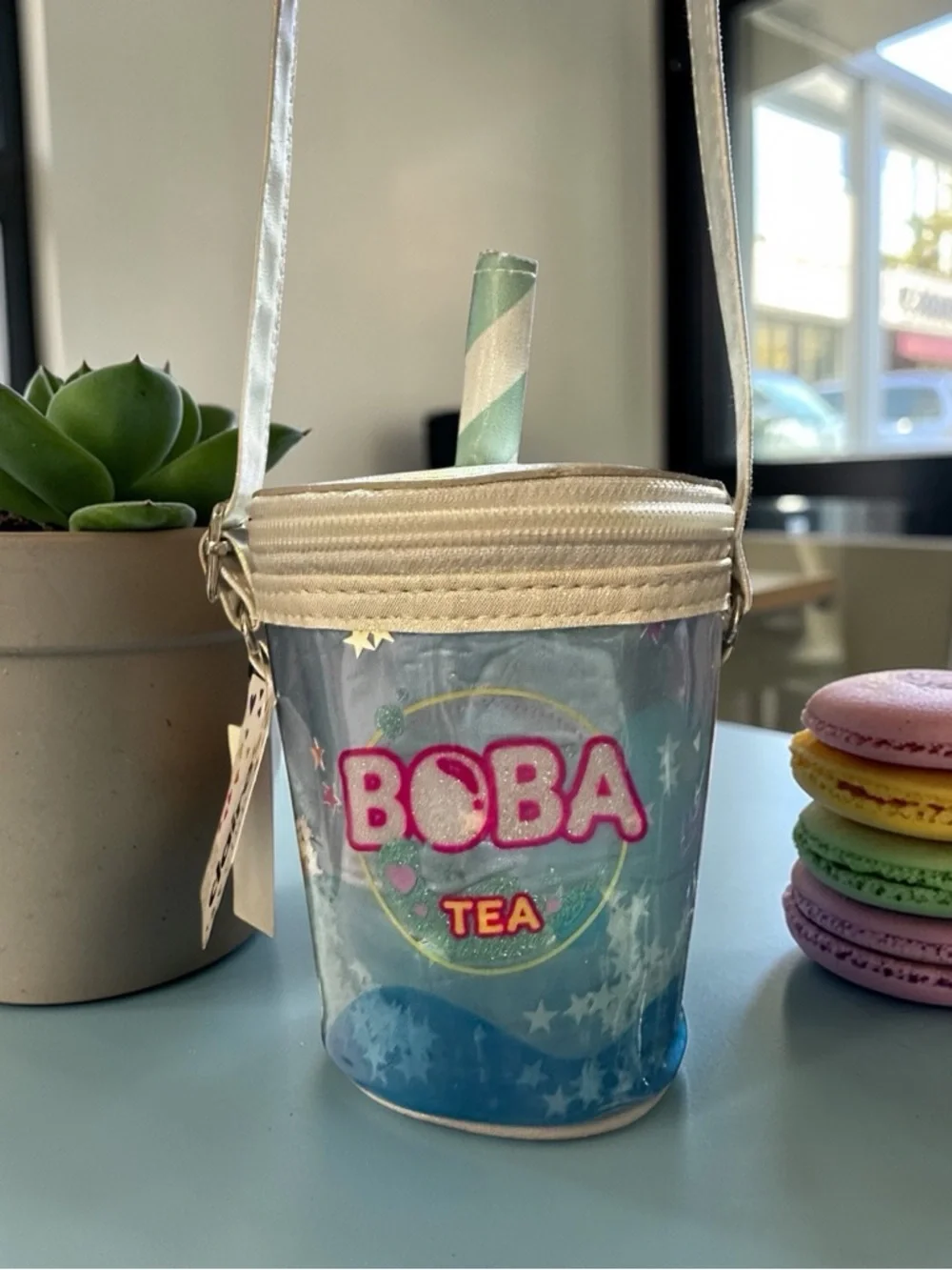 Claire’s Boba Tea Bag, zip closure Blue and iridescent white NWT